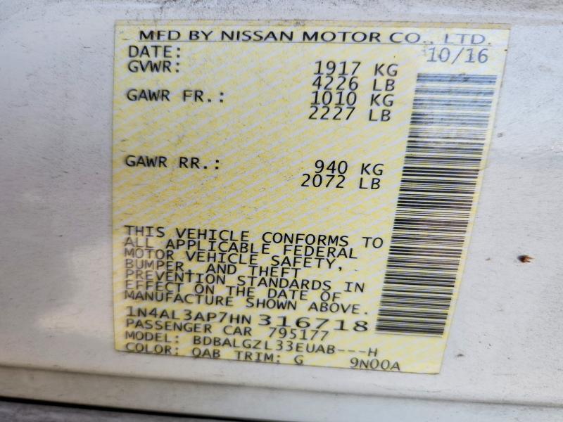 2017 Nissan Altima მანქანა იყიდება აუქციონზე, vin: 1N4AL3AP7HN316718, აუქციონის ნომერი: 55348696