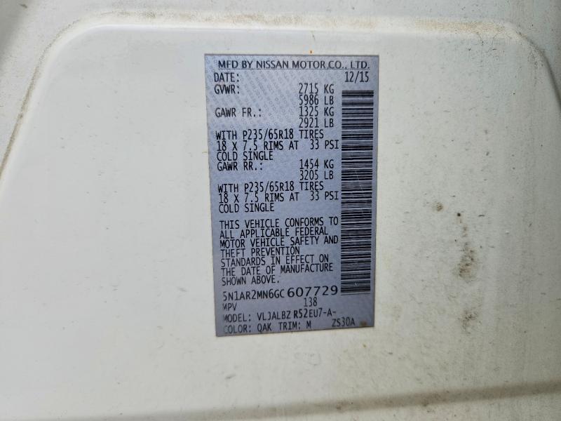 54493266 :رقم المزاد ، 5N1AR2MN6GC607729 vin ، 2016 Nissan Pathfinder مزاد بيع