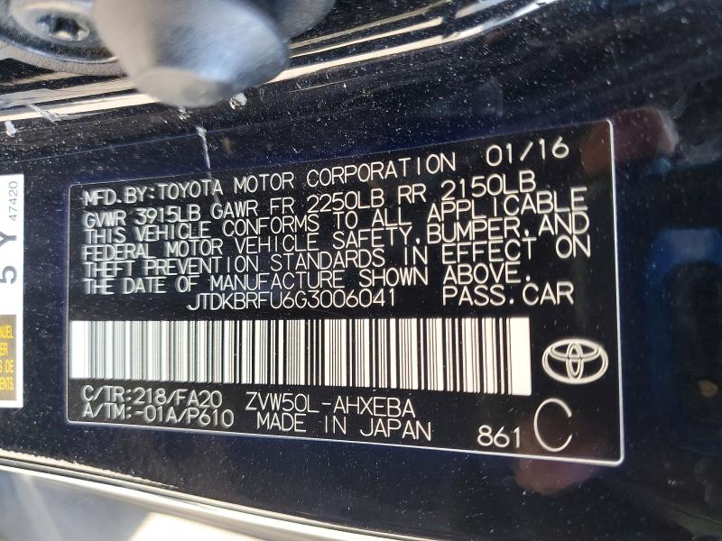 Продаж на аукціоні авто 2016 Toyota Prius, vin: JTDKBRFU6G3006041, номер лоту: 54316396