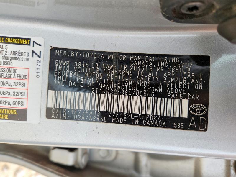 2008 Toyota Corolla Matrix მანქანა იყიდება აუქციონზე, vin: 2T1KR30E38C700866, აუქციონის ნომერი: 55001766