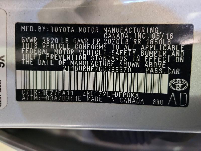 Продаж на аукціоні авто 2016 Toyota Corolla, vin: 2T1BURHE7GC689570, номер лоту: 52962586