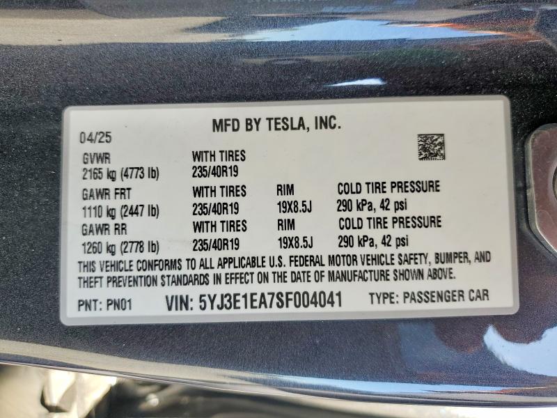 Продажа на аукционе авто 2025 Tesla Model 3, vin: 5YJ3E1EA7SF004041, номер лота: 53126836