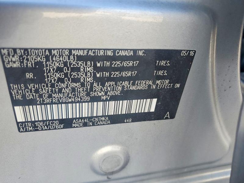 Продажа на аукционе авто 2016 Toyota Rav4, vin: 2T3RFREV8GW494399, номер лота: 53926706