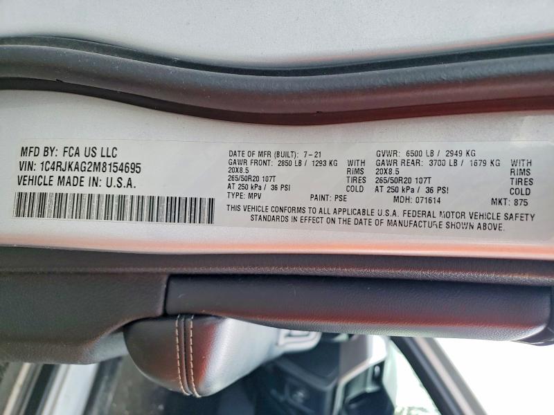 Продаж на аукціоні авто 2021 Jeep Grand Cherokee, vin: 1C4RJKAG2M8154695, номер лоту: 52963126