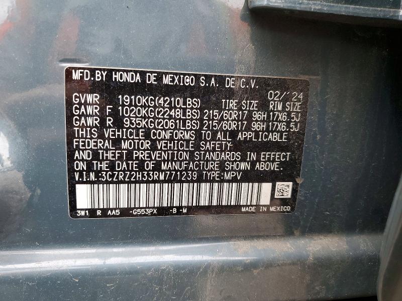 52259446 :رقم المزاد ، 3CZRZ2H33RM771239 vin ، 2024 Honda Hr-v مزاد بيع