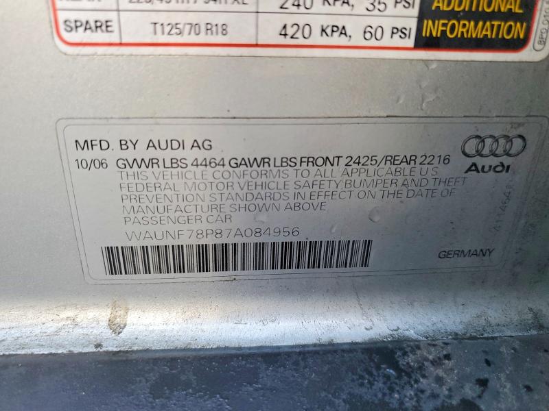 2007 Audi A3 მანქანა იყიდება აუქციონზე, vin: WAUNF78P87A084956, აუქციონის ნომერი: 50965236