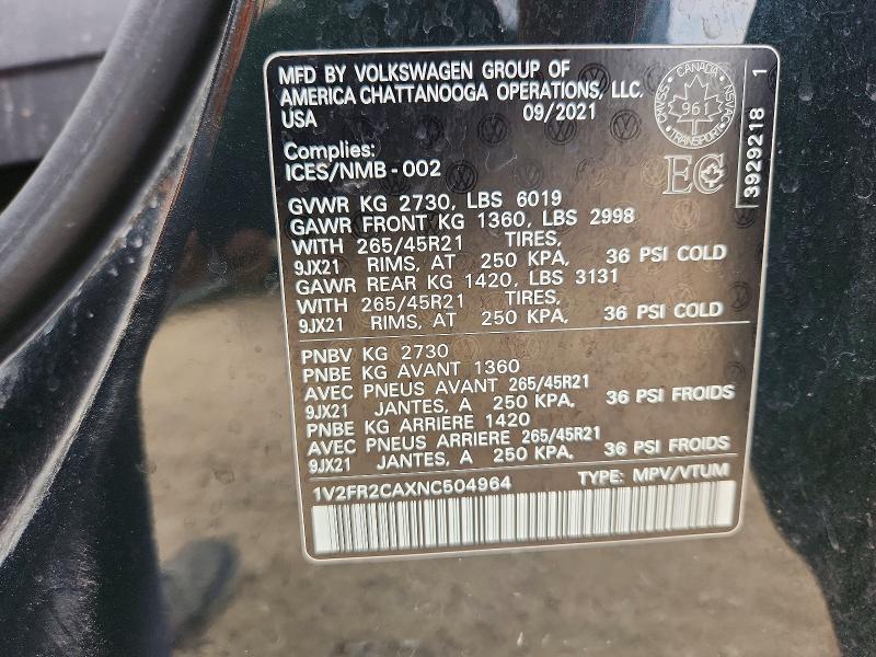 55221746 :رقم المزاد ، 1V2FR2CAXNC504964 vin ، 2022 Volkswagen Atlas مزاد بيع