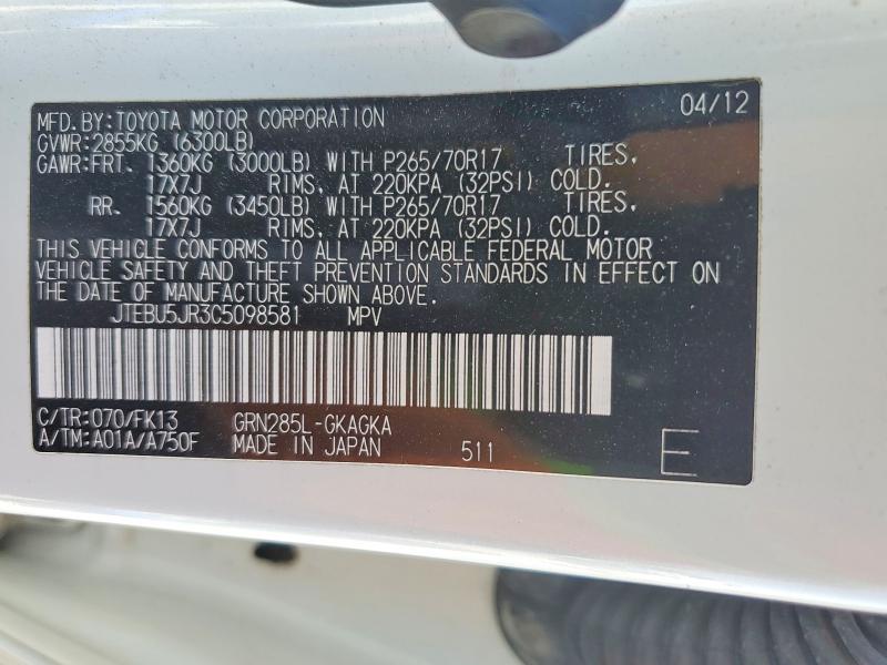 Продажа на аукционе авто 2012 Toyota 4runner, vin: JTEBU5JR3C5098581, номер лота: 52916346