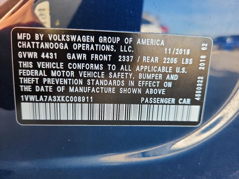 2019 Volkswagen Passat მანქანა იყიდება აუქციონზე, vin: 1VWLA7A3XKC008911, აუქციონის ნომერი: 51471306