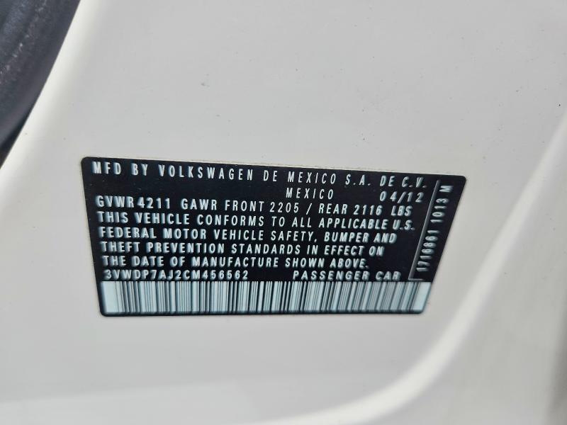 Aukcja sprzedaży 2012 Volkswagen Jetta, vin: 3VWDP7AJ2CM456562, numer aukcji: 54970786