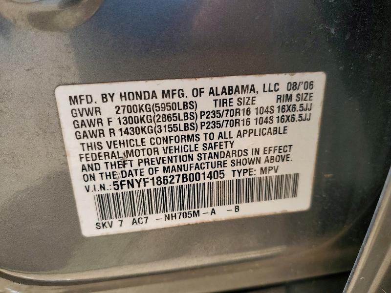 Продажа на аукционе авто 2007 Honda Pilot, vin: 5FNYF18627B001405, номер лота: 52202846