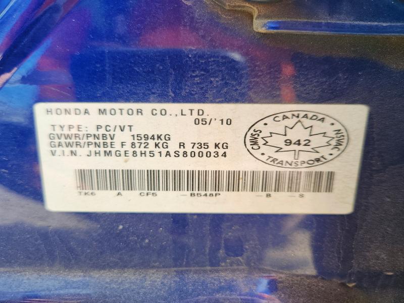 52066726 :رقم المزاد ، JHMGE8H51AS800034 vin ، 2010 Honda Fit مزاد بيع