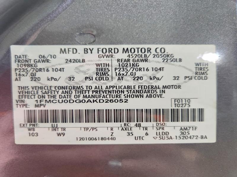 2010 Ford Escape მანქანა იყიდება აუქციონზე, vin: 1FMCU0DG0AKD26052, აუქციონის ნომერი: 54953846