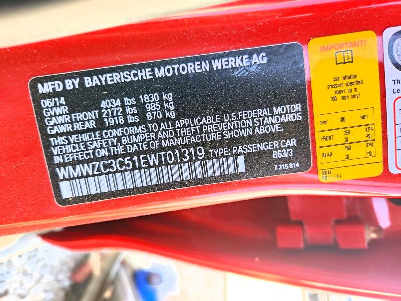 Продаж на аукціоні авто 2014 Mini Cooper, vin: WMWZC3C51EWT01319, номер лоту: 53970606