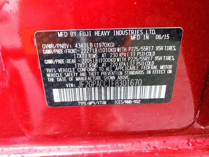 52400876 :رقم المزاد ، JF2GPACC1F8301670 vin ، 2015 Subaru Xv Crosstrek مزاد بيع