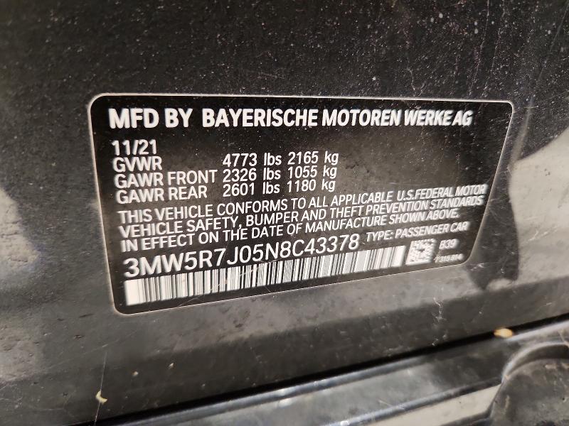 2022 Bmw 330xi მანქანა იყიდება აუქციონზე, vin: 3MW5R7J05N8C43378, აუქციონის ნომერი: 53770876