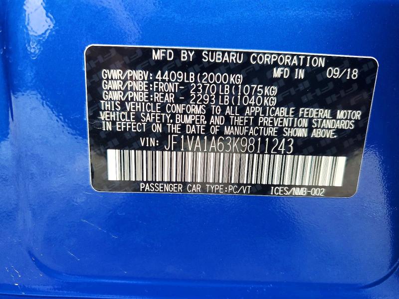 2019 Subaru Wrx მანქანა იყიდება აუქციონზე, vin: JF1VA1A63K9811243, აუქციონის ნომერი: 52966146