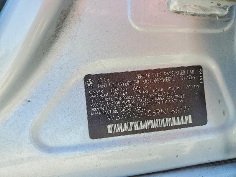 52103156 :رقم المزاد ، WBAPM77539NL86777 vin ، 2009 Bmw 335 مزاد بيع