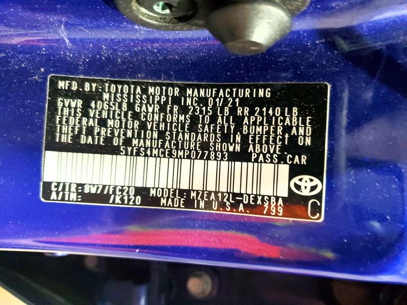 Продаж на аукціоні авто 2021 Toyota Corolla, vin: 5YFS4MCE9MP077893, номер лоту: 54620436