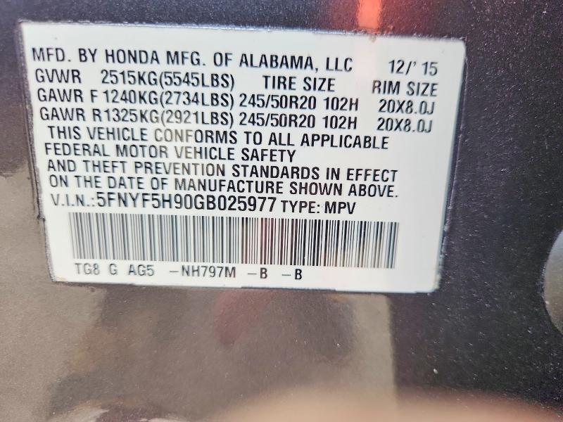 53524366 :رقم المزاد ، 5FNYF5H90GB025977 vin ، 2016 Honda Pilot مزاد بيع