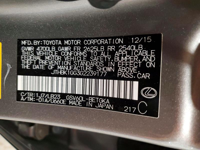 2016 Lexus Es მანქანა იყიდება აუქციონზე, vin: JTHBK1GG3G2239177, აუქციონის ნომერი: 52928426