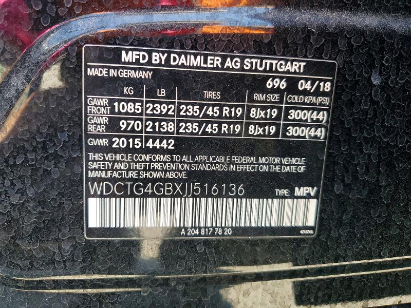Aukcja sprzedaży 2018 Mercedes-benz Gla, vin: WDCTG4GBXJJ516136, numer aukcji: 52946846