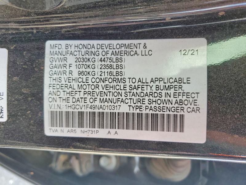 54253766 :رقم المزاد ، 1HGCV1F49NA010317 vin ، 2022 Honda Accord مزاد بيع