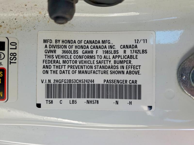 Продаж на аукціоні авто 2012 Honda Civic, vin: 2HGFG3B53CH524244, номер лоту: 54533586