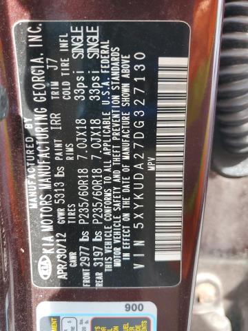 52400406 :رقم المزاد ، 5XYKUDA27DG327130 vin ، 2013 Kia Sorento مزاد بيع