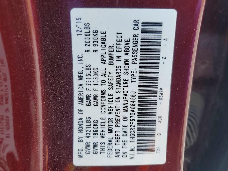 Продажа на аукционе авто 2016 Honda Accord, vin: 1HGCR2F57GA084860, номер лота: 54403176