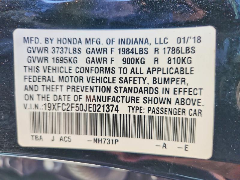 2018 Honda Civic მანქანა იყიდება აუქციონზე, vin: 19XFC2F50JE021374, აუქციონის ნომერი: 53329786