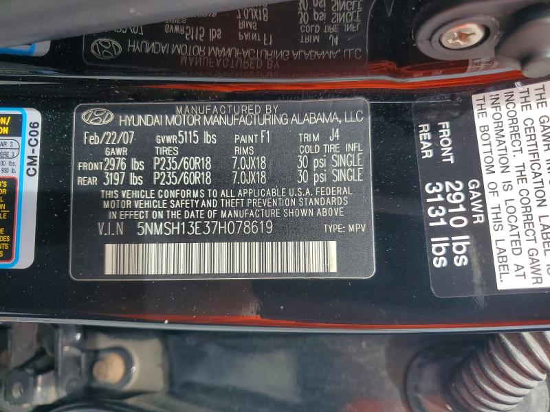 Auction sale of the 2007 Hyundai Santa Fe, vin: 5NMSH13E37H078619, lot number: 52811966