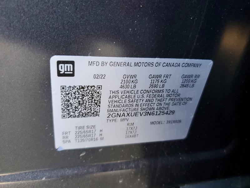Продаж на аукціоні авто 2022 Chevrolet Equinox, vin: 2GNAXUEV3N6125429, номер лоту: 53534586