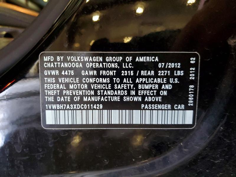 54239446 :رقم المزاد ، 1VWBH7A3XDC011429 vin ، 2013 Volkswagen Passat مزاد بيع