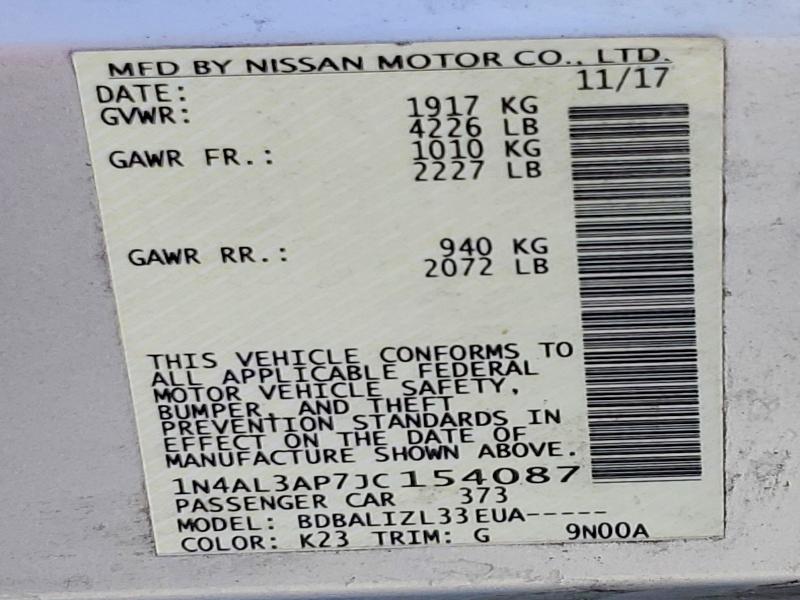 2018 Nissan Altima მანქანა იყიდება აუქციონზე, vin: 1N4AL3AP7JC154087, აუქციონის ნომერი: 53853376