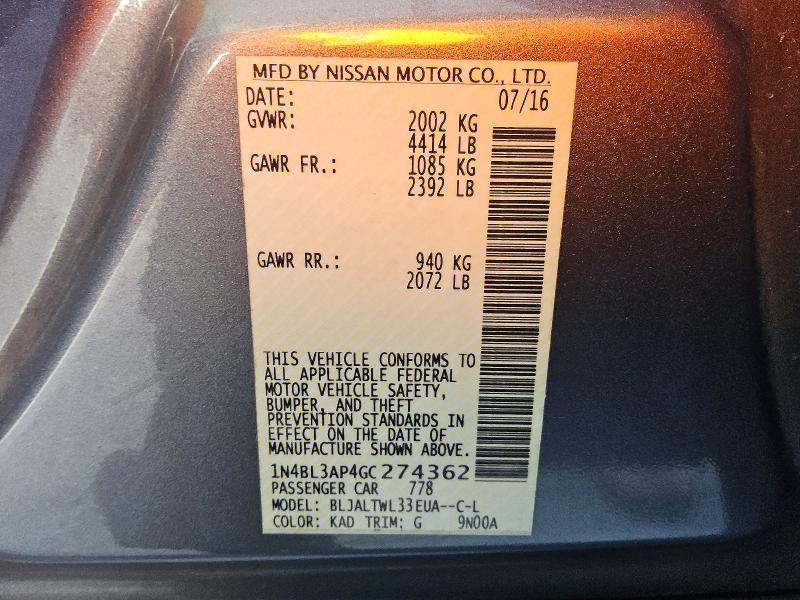 Aukcja sprzedaży 2016 Nissan Altima, vin: 1N4BL3AP4GC274362, numer aukcji: 53056006