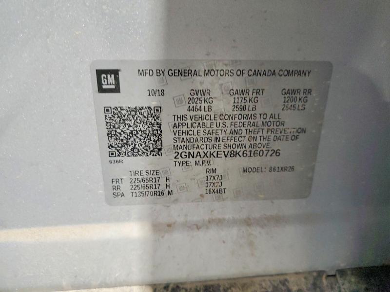 2019 Chevrolet Equinox მანქანა იყიდება აუქციონზე, vin: 2GNAXKEV8K6160726, აუქციონის ნომერი: 54319846