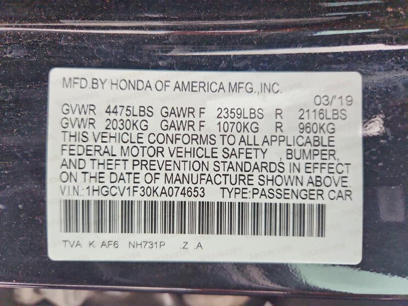 53137516 :رقم المزاد ، 1HGCV1F30KA074653 vin ، 2019 Honda Accord مزاد بيع