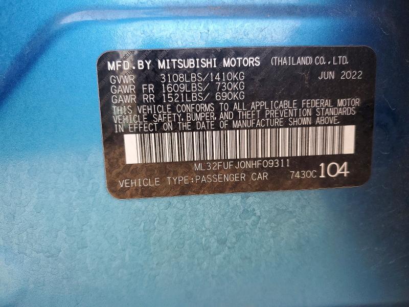 2022 Mitsubishi Mirage მანქანა იყიდება აუქციონზე, vin: ML32FUFJ0NHF09311, აუქციონის ნომერი: 53983786