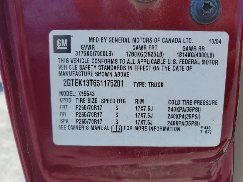 53784216 :رقم المزاد ، 2GTEK13T651175201 vin ، 2005 Gmc New Sierra مزاد بيع