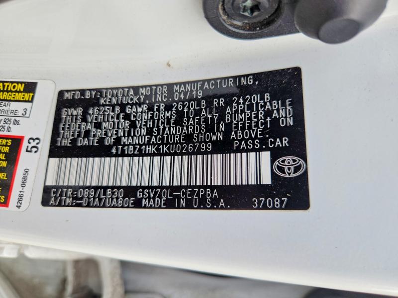 55052966 :رقم المزاد ، 4T1BZ1HK1KU026799 vin ، 2019 Toyota Camry مزاد بيع