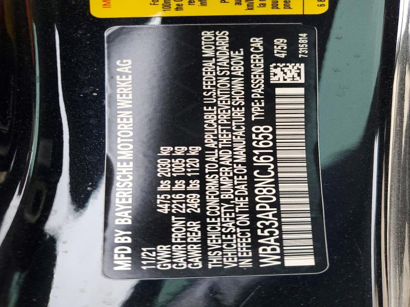 Aukcja sprzedaży 2022 Bmw 430i, vin: WBA53AP08NCJ61658, numer aukcji: 52453126