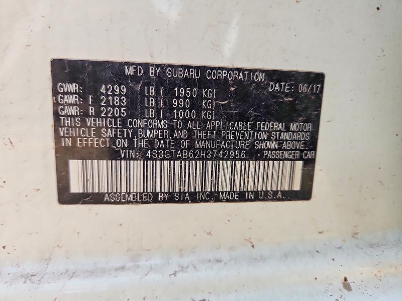 51319006 :رقم المزاد ، 4S3GTAB62H3742956 vin ، 2017 Subaru Impreza مزاد بيع