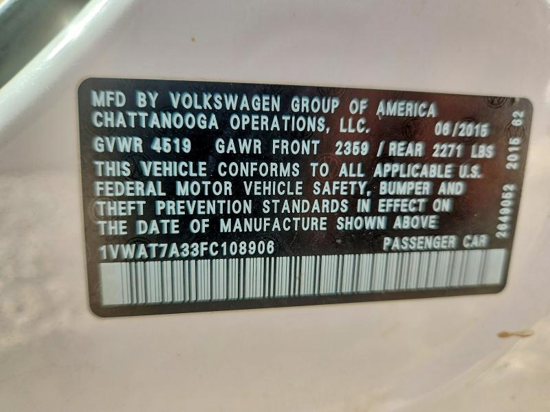 Продаж на аукціоні авто 2015 Volkswagen Passat, vin: 1VWAT7A33FC108906, номер лоту: 54823196