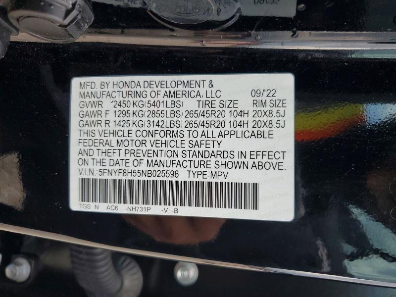 54225436 :رقم المزاد ، 5FNYF8H55NB025596 vin ، 2022 Honda Passport مزاد بيع