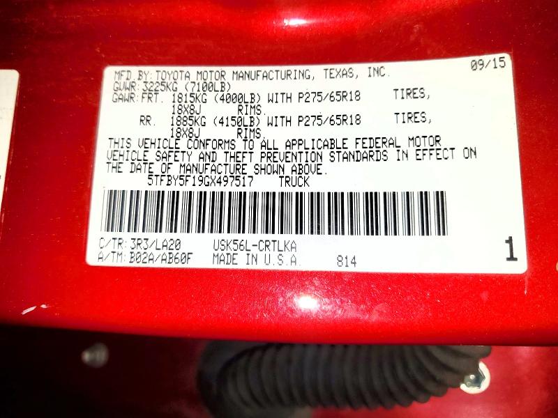 52508806 :رقم المزاد ، 5TFBY5F19GX497517 vin ، 2016 Toyota Tundra مزاد بيع