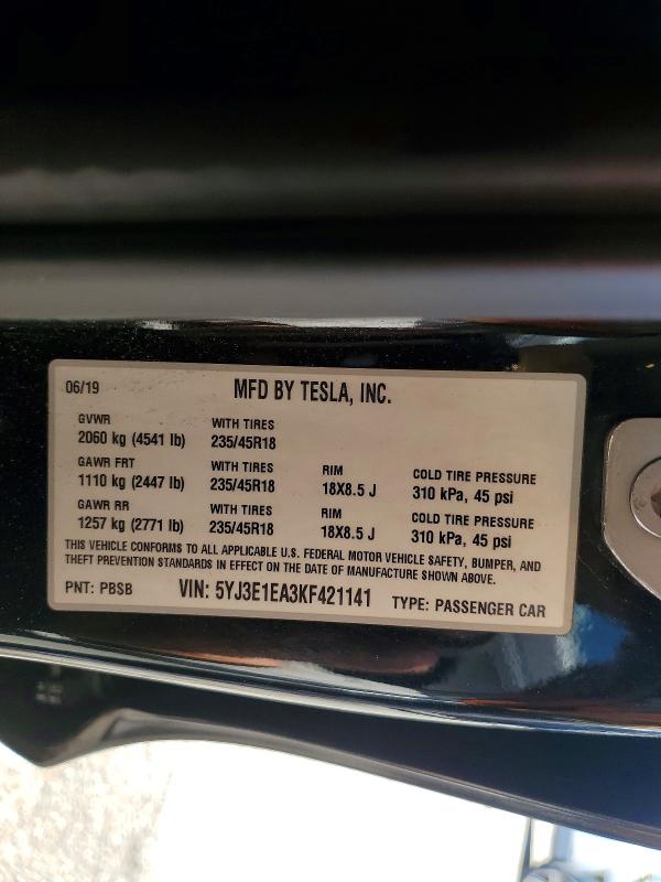 55226766 :رقم المزاد ، 5YJ3E1EA3KF421141 vin ، 2019 Tesla Model 3 مزاد بيع