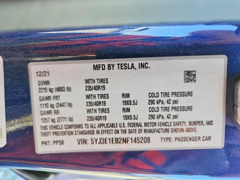 Продаж на аукціоні авто 2022 Tesla Model 3, vin: 5YJ3E1EB2NF145208, номер лоту: 51921056