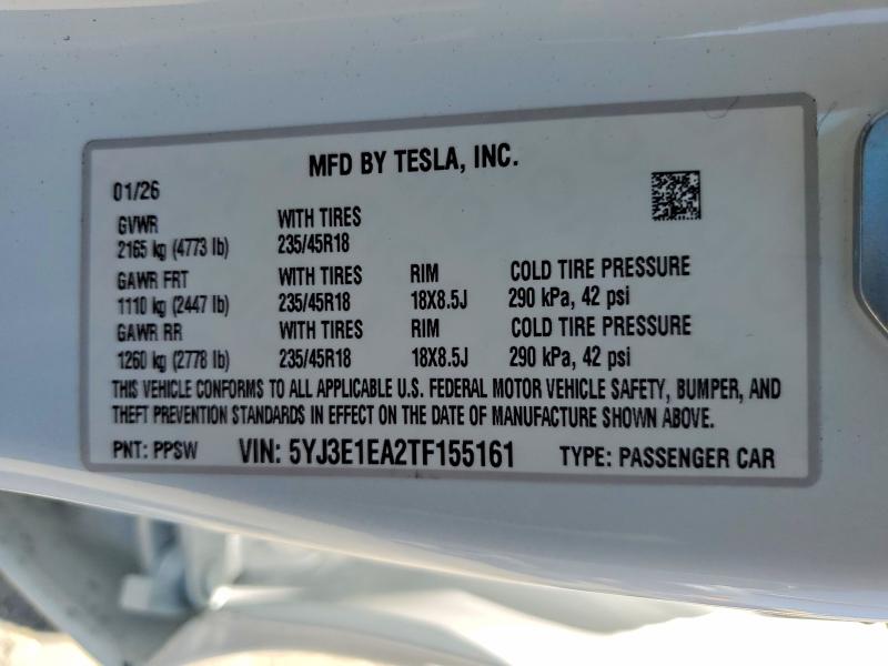 Aukcja sprzedaży 2026 Tesla Model 3, vin: 5YJ3E1EA2TF155161, numer aukcji: 52098296