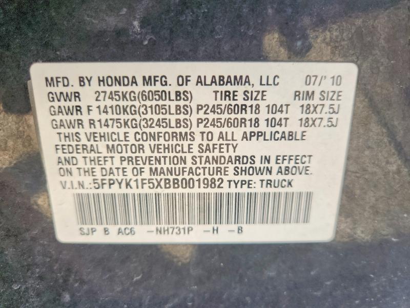 Aukcja sprzedaży 2011 Honda Ridgeline, vin: 5FPYK1F5XBB001982, numer aukcji: 54198216